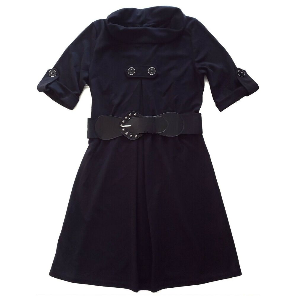 PAPILLON cowl neck belted black short tab sleeve box pleat dress Size Medium NEW